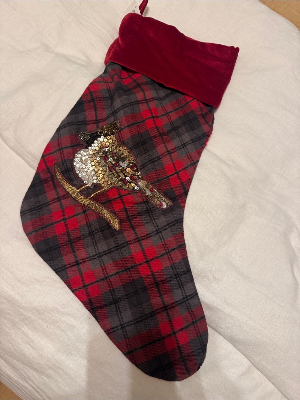 Pottery Barn velvet and sequin plaid stocking  cardinal design nwt